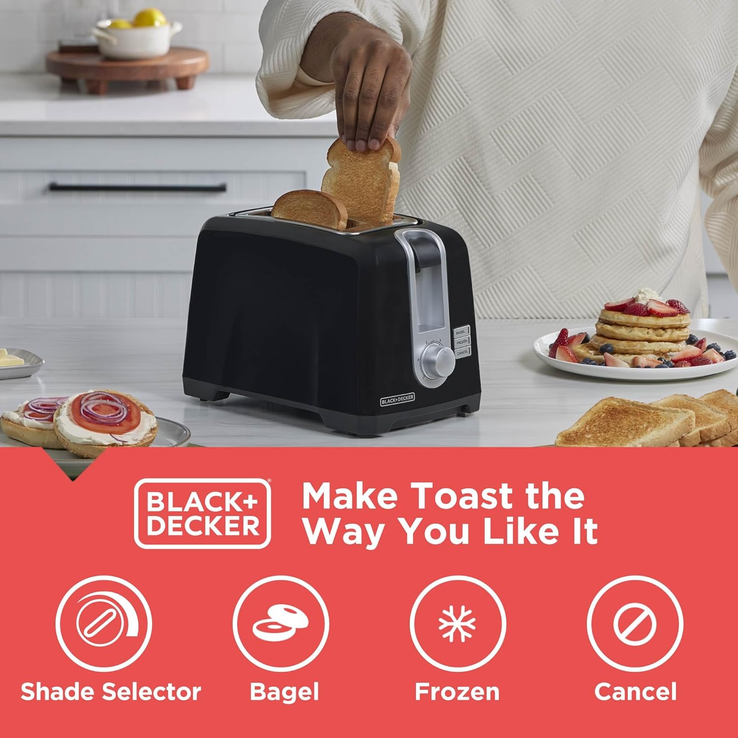 BLACK+DECKER 2-Slice Toaster, Extra Wide Slots for Bagels & Thick Bread, 6 Browning Settings, Removable Crumb Tray, Cancel Button, 850W, Black - Image 2