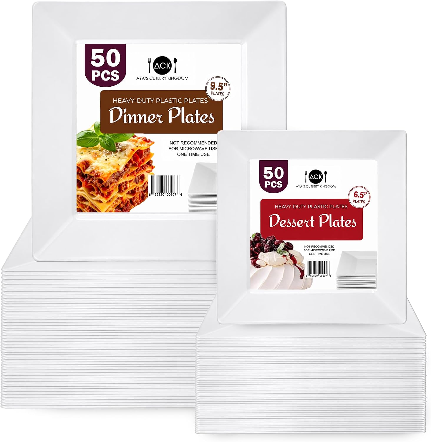 Aya's 100ct Square Plastic Disposable Plates, White - 9.5-Inch 50 Dinner and 6.5-Inch 50 Salad Plates for Party - Heavy-Duty Hard Plastic Design for Wedding, Event, Christmas, and Thanksgiving