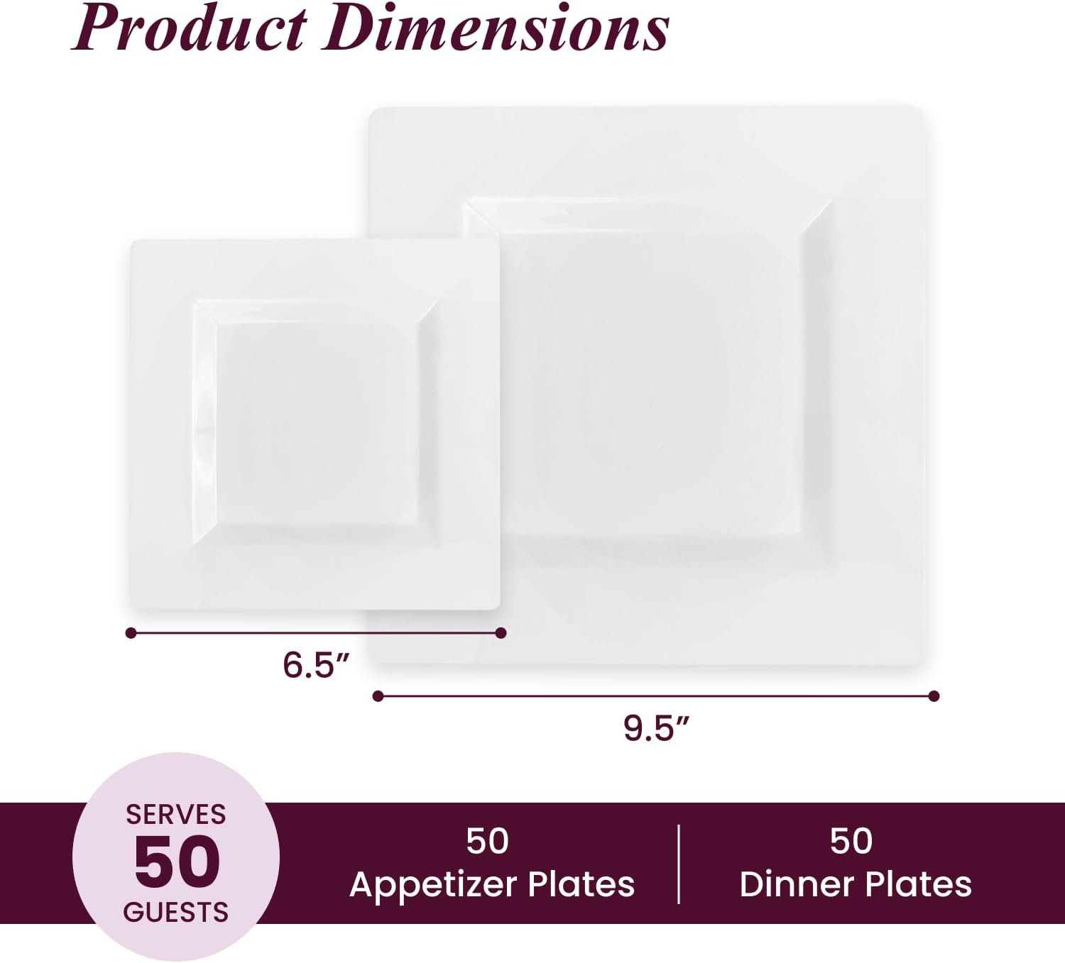 Aya's 100ct Square Plastic Disposable Plates, White - 9.5-Inch 50 Dinner and 6.5-Inch 50 Salad Plates for Party - Heavy-Duty Hard Plastic Design for Wedding, Event, Christmas, and Thanksgiving - Image 3