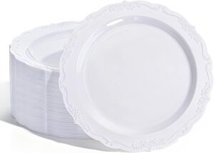 DaYammi 100PCS White Plastic Plates,10 Inch White Disposable Plastic Dinner Plates, BPA Free Elegant Hard Table Plates for Wedding Reception, Birthday, Anniversary & Formal Occasions