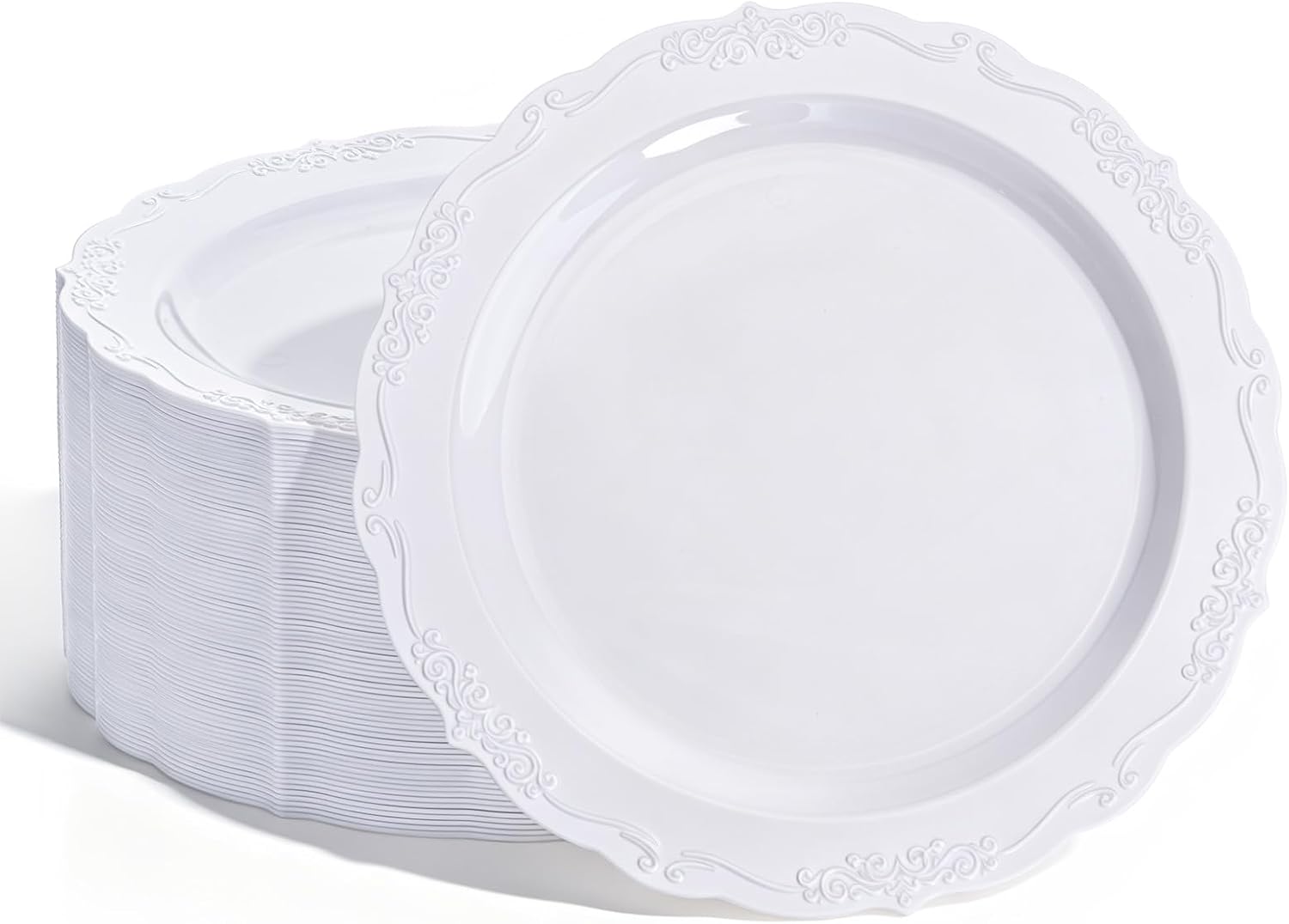 DaYammi 100PCS White Plastic Plates,10 Inch White Disposable Plastic Dinner Plates, BPA Free Elegant Hard Table Plates for Wedding Reception, Birthday, Anniversary & Formal Occasions
