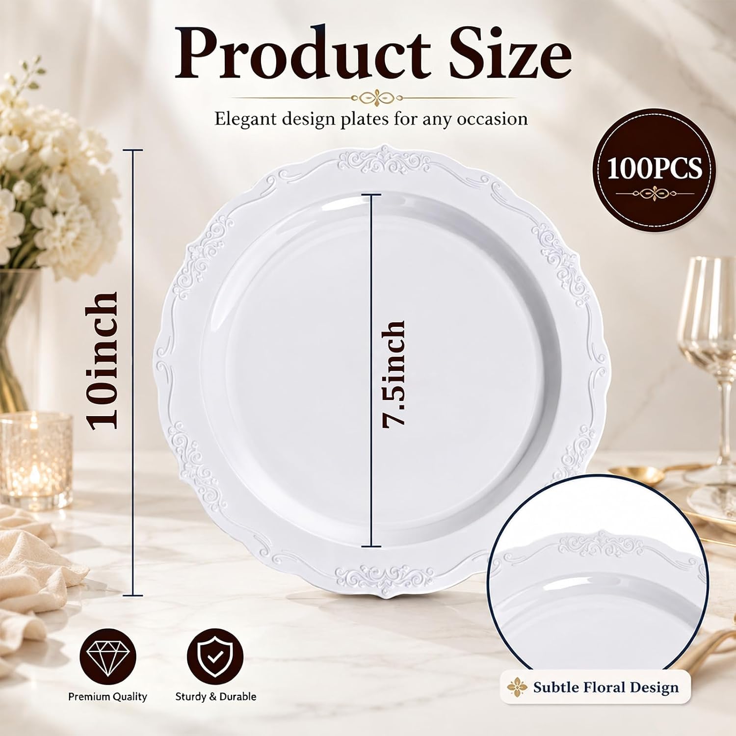 DaYammi 100PCS White Plastic Plates,10 Inch White Disposable Plastic Dinner Plates, BPA Free Elegant Hard Table Plates for Wedding Reception, Birthday, Anniversary & Formal Occasions - Image 2