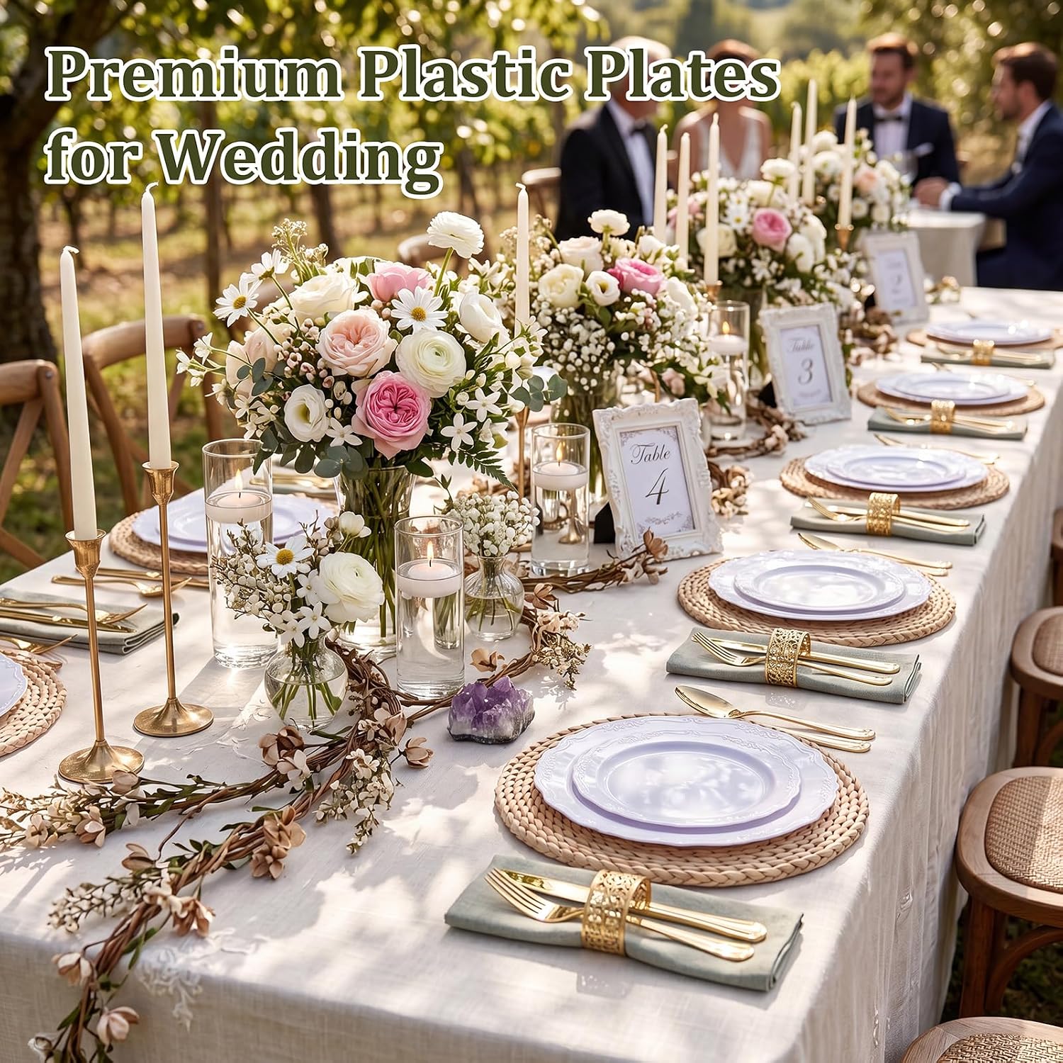 DaYammi 100PCS White Plastic Plates,10 Inch White Disposable Plastic Dinner Plates, BPA Free Elegant Hard Table Plates for Wedding Reception, Birthday, Anniversary & Formal Occasions - Image 3