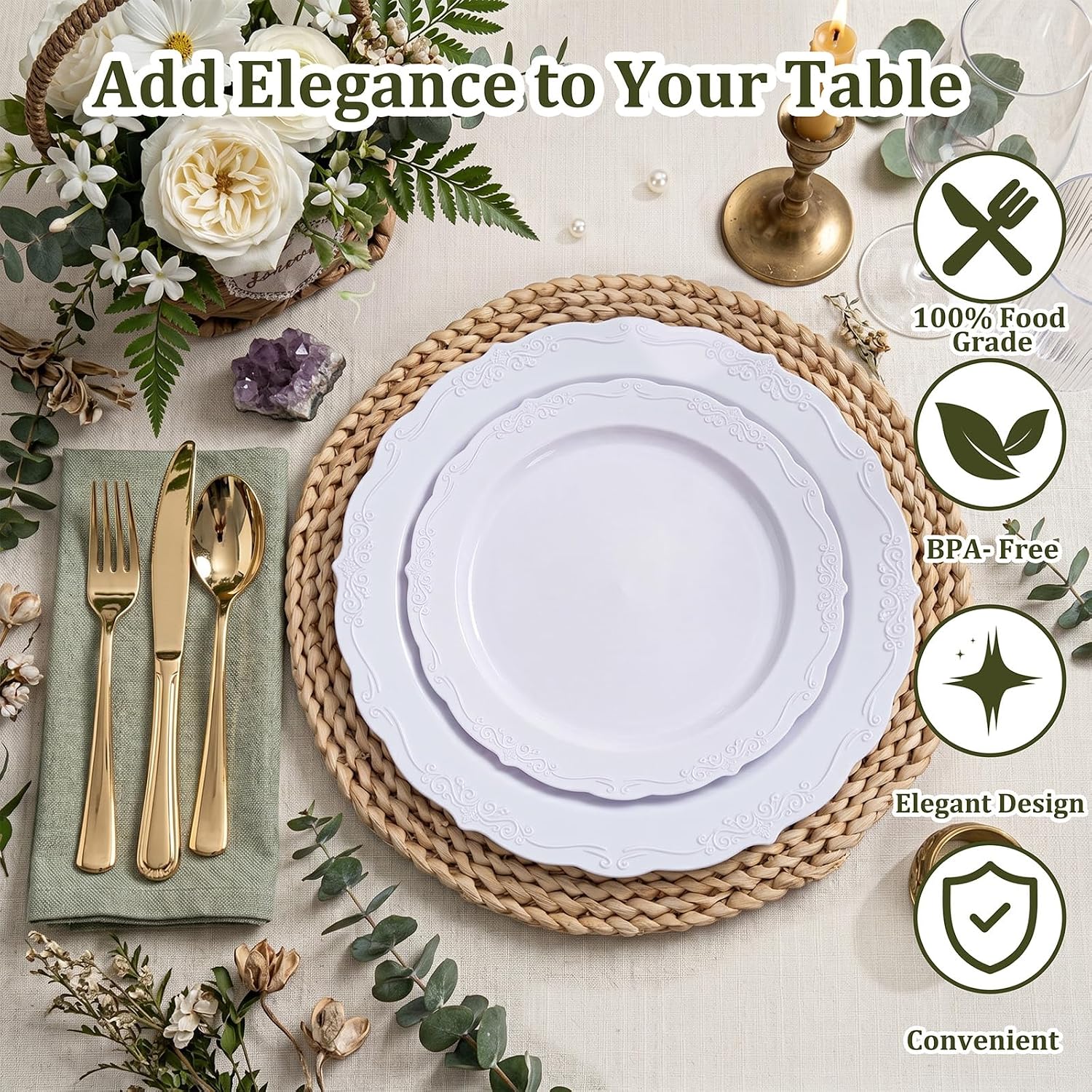 DaYammi 100PCS White Plastic Plates,10 Inch White Disposable Plastic Dinner Plates, BPA Free Elegant Hard Table Plates for Wedding Reception, Birthday, Anniversary & Formal Occasions - Image 4