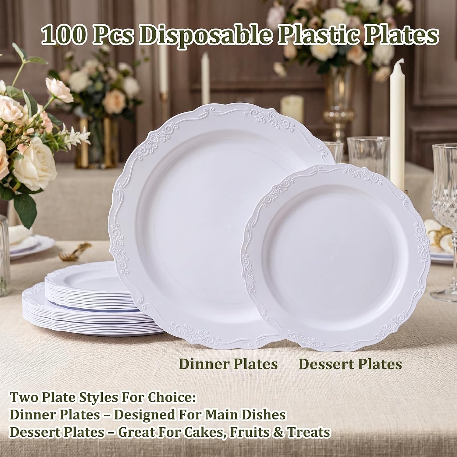DaYammi 100PCS White Plastic Plates,10 Inch White Disposable Plastic Dinner Plates, BPA Free Elegant Hard Table Plates for Wedding Reception, Birthday, Anniversary & Formal Occasions - Image 6