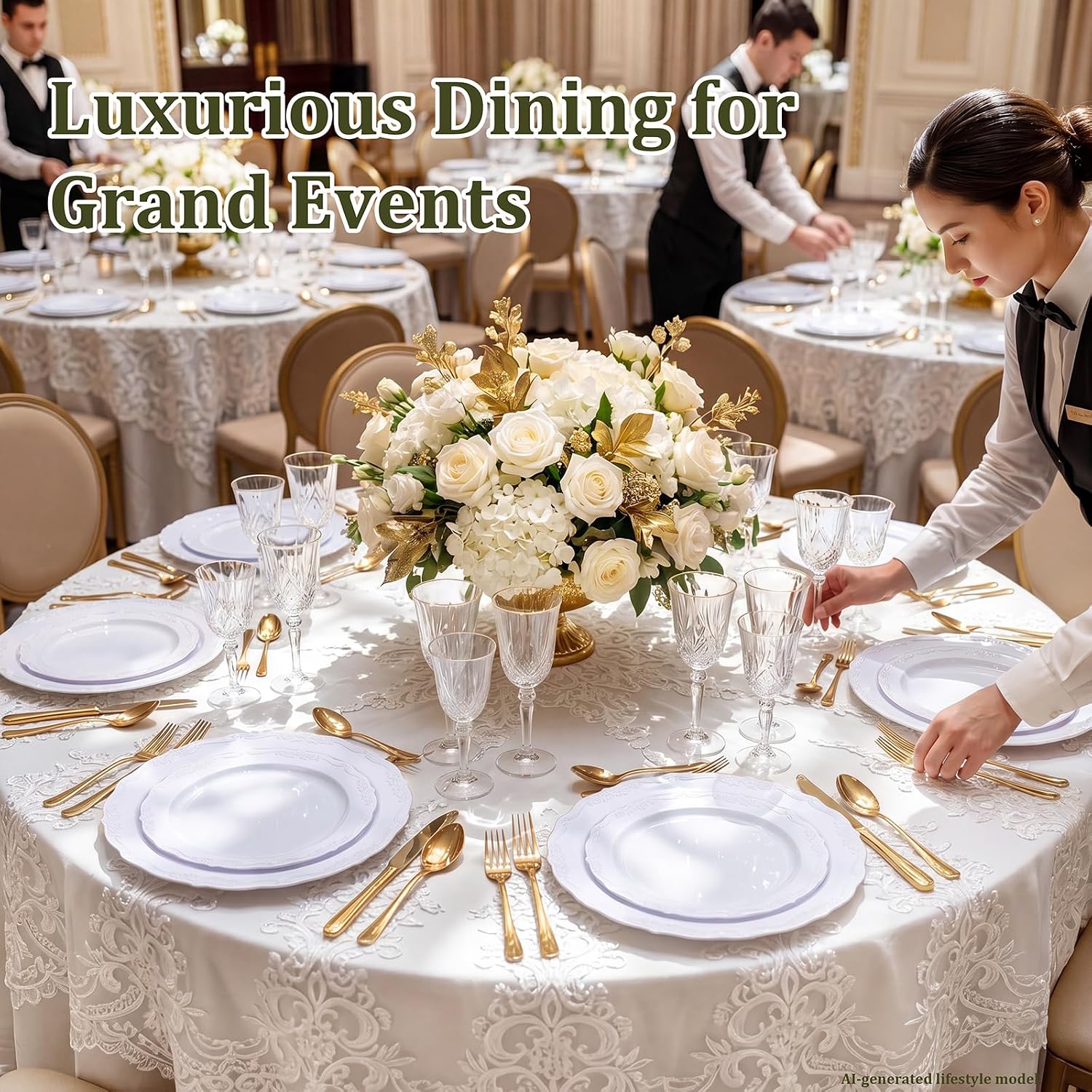 DaYammi 100PCS White Plastic Plates,10 Inch White Disposable Plastic Dinner Plates, BPA Free Elegant Hard Table Plates for Wedding Reception, Birthday, Anniversary & Formal Occasions - Image 7