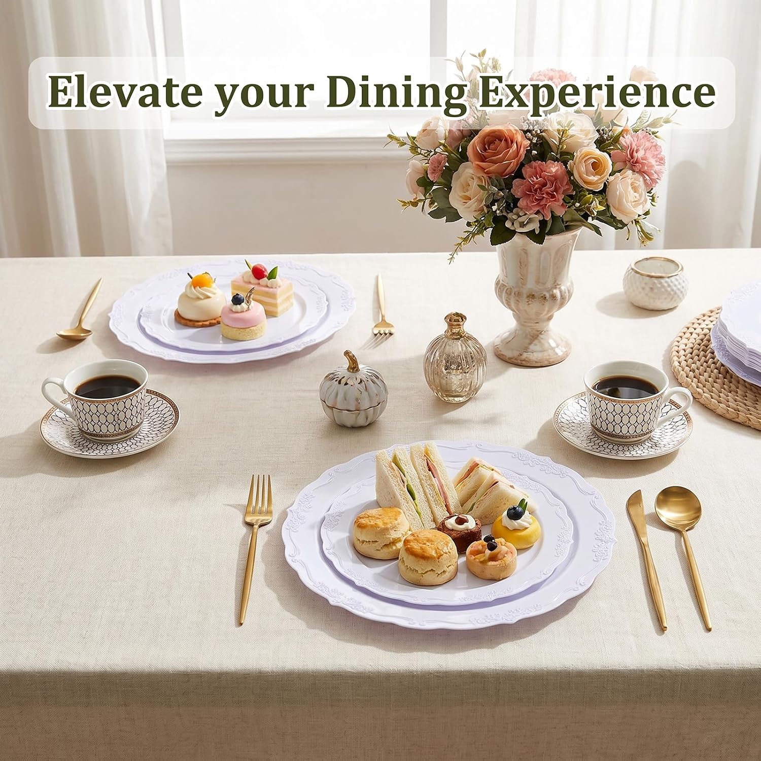 DaYammi 100PCS White Plastic Plates,10 Inch White Disposable Plastic Dinner Plates, BPA Free Elegant Hard Table Plates for Wedding Reception, Birthday, Anniversary & Formal Occasions - Image 8
