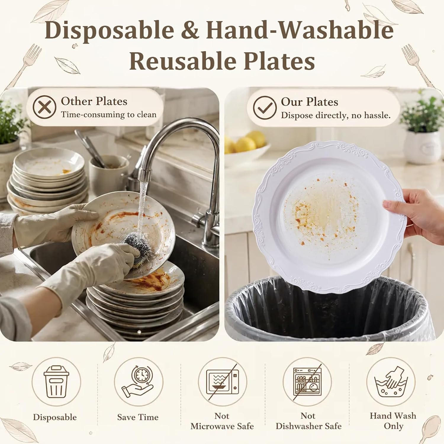 DaYammi 100PCS White Plastic Plates,10 Inch White Disposable Plastic Dinner Plates, BPA Free Elegant Hard Table Plates for Wedding Reception, Birthday, Anniversary & Formal Occasions - Image 9